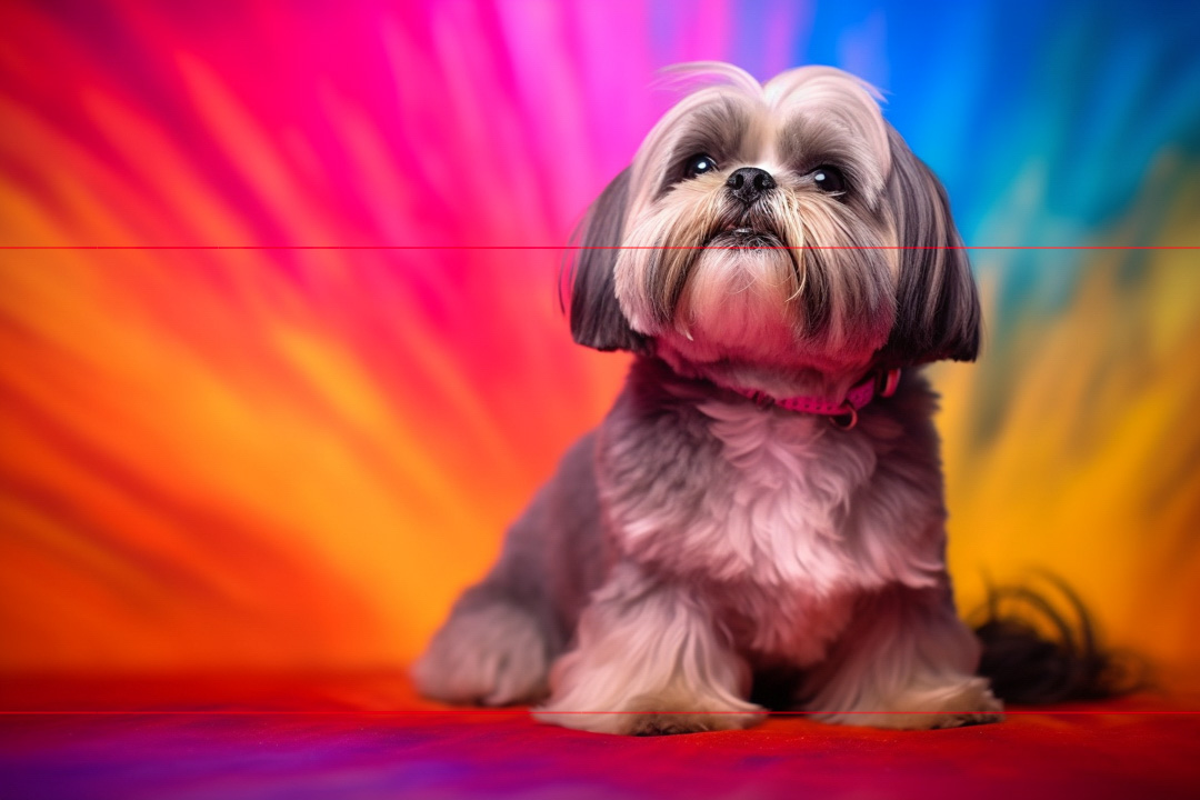 Shih Tzu Puppy with rainbow colored rays of light shooting out radially